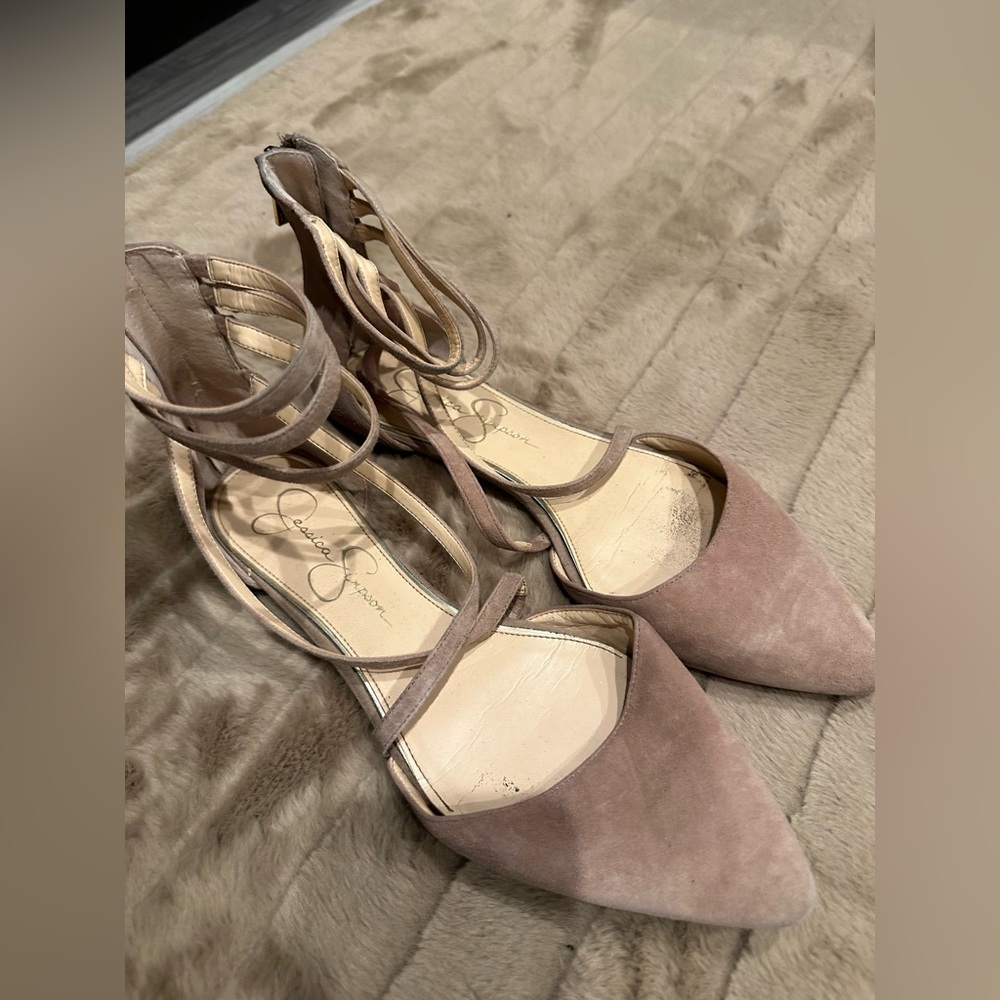 Jessica Simpson Tan Suede Strappy Pointed Toe Flats Sandals size 9